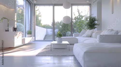 Luxury living room with with comfy sofas  green plants  shining sunlight through window and expensive art and paintwork.