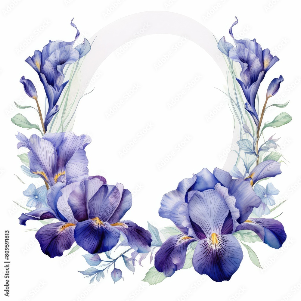 iris themed frame or border for photos and text. purple and blue blooms.. watercolor illustration, white color background. for weddings, greetings, cards, prints. iris themed frame or border for photos and text. purple and blue blooms.. watercolor illustration, white color background. for weddings, greetings, cards, prints.