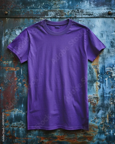 T- shirt mockup on old blue background, Mock up for design and print, Front Purple T-shirt Mockup