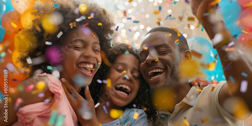 A family having an exuberant celebration with colorful confetti  showcasing joy and unity