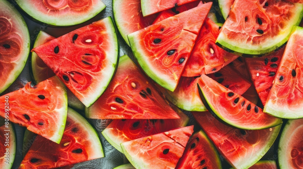 Red slices of ripe watermelon fill the table Red slices of ripe watermelon fill the table