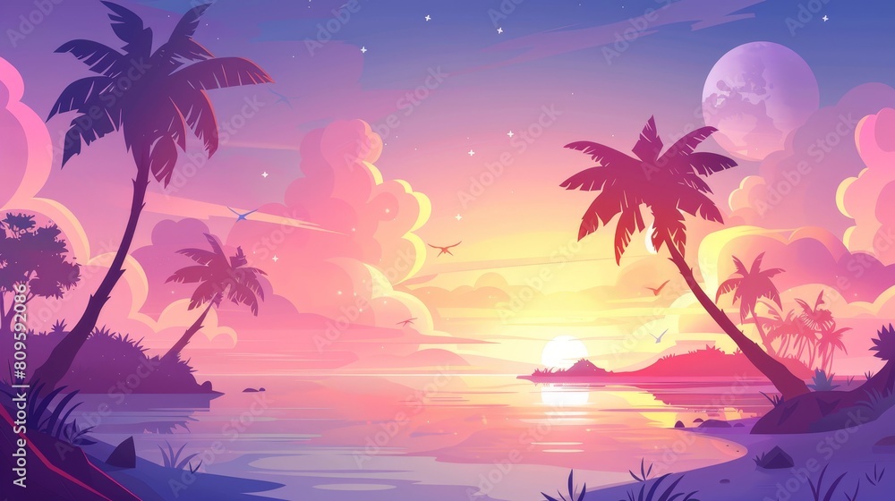 Tropical island at dawn, calm sea, palm trees, pink cloudy skies, ocean water surface, birds, and peaceful nature landscape. Beautiful nature landscape Cartoon modern background.