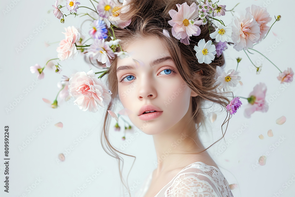 Collage of beautiful woman and flowers on light background. Creative background with stylish woman. Fashion portrait. Collage of beautiful woman and flowers on light background. Creative background with stylish woman. Fashion portrait.