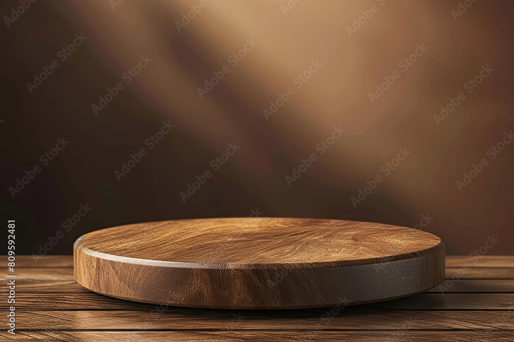 Empty brown wood podium blank advertising desk mockup product display cosmetic stand. Round wooden podium or pedestal for showing product.