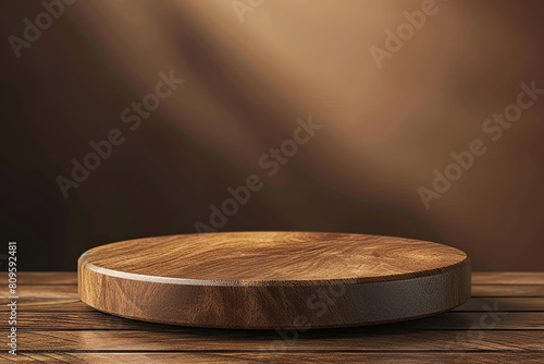 Empty brown wood podium blank advertising desk mockup product display cosmetic stand. Round wooden podium or pedestal for showing product.