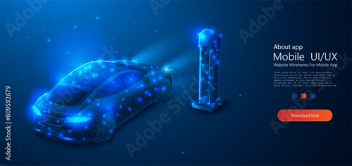 Futuristic Electric Car Charging at a Digital Station with Dynamic Light Effects. Futuristic electric car connected to a glowing charging station, on a dark background. EV concept. Vector illustration