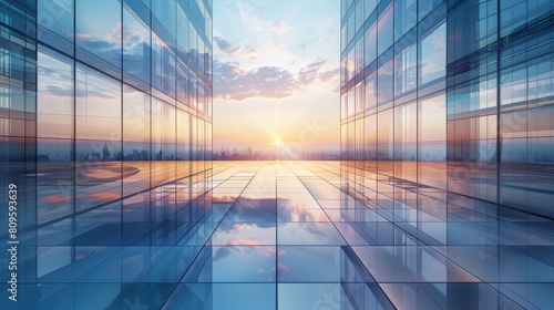 Beautiful sunset background with glass building, modern architecture.