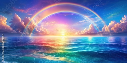 Colorful rainbow and beautiful sky sunset. Ocean reflection. Web banner design