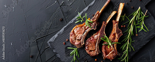 Juicy grilled lamb chops seasoned with rosemary, sea salt, and cracked pepper, artfully arranged on a dark slate background. photo