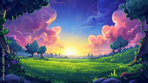 An illustration of a cartoon dusk nature landscape with grass, trees, and the sun, separated into layers for 2D game animations.