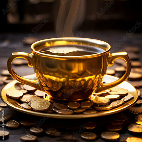 coffee tea cup gold coins rental income prosperity,currency, cut out, finance, investment, no people, photography, savings, vertical, wealth, coin, color image,generate ai
