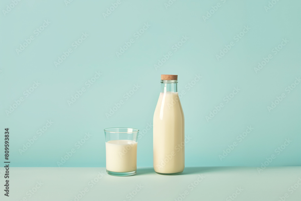 Glass of milk, a jug of milk on blue background. the concept of farm dairy products, milk day. copy space. Glass of milk, a jug of milk on blue background. the concept of farm dairy products, milk day. copy space.