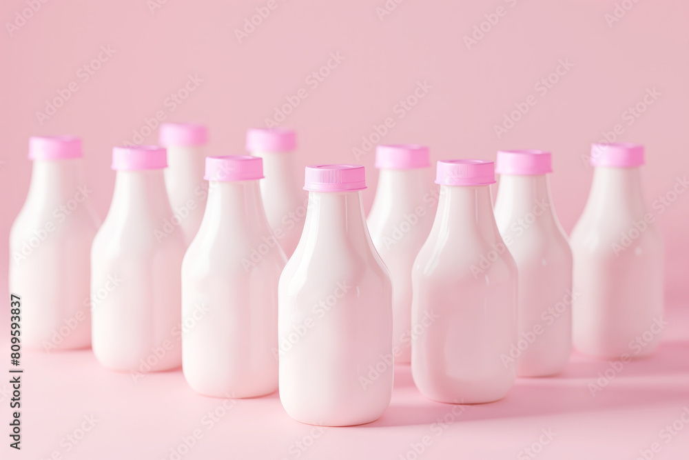Bottles of milk on a pink background, concept of farm dairy products, milk day. Bottles of milk on a pink background, concept of farm dairy products, milk day.