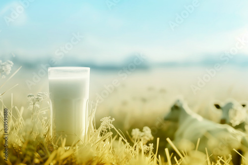Glass of milk on meadow grass photo