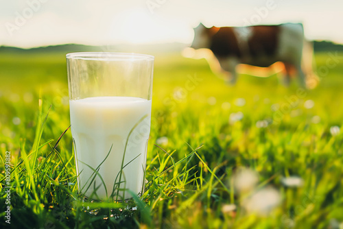 Glass of milk on meadow grass photo