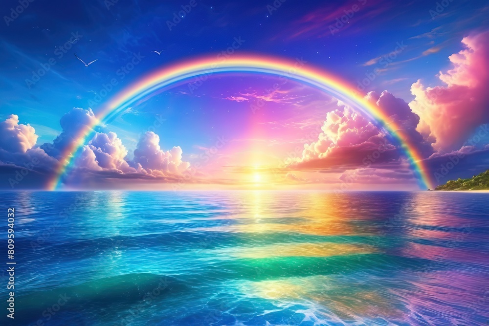 Colorful rainbow and beautiful sky sunset. Ocean reflection. Web banner design