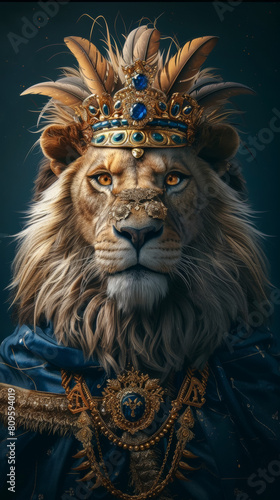Majestic lion with a regal crown of feathers, draped in a silk cape © Tatiana