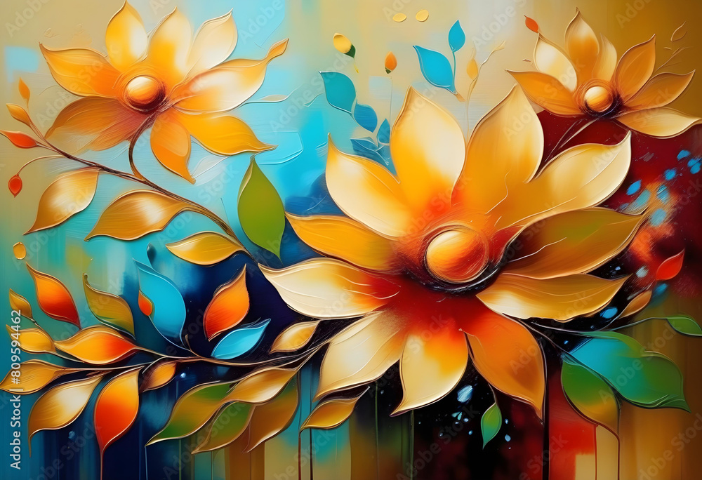 An abstract oil painting with flowers and leaves in a golden texture An abstract oil painting with flowers and leaves in a golden texture
