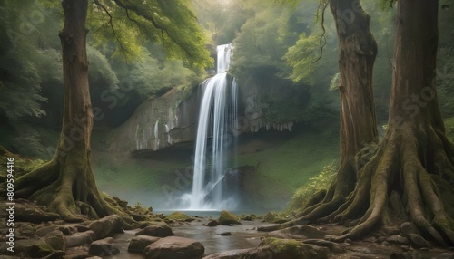 A cascading waterfall surrounded by ancient trees upscaled 4