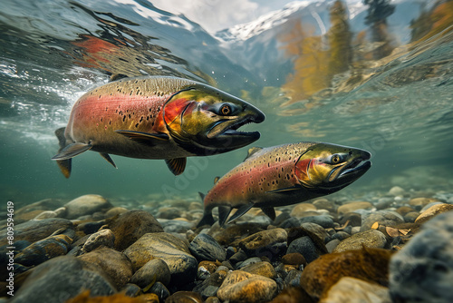 Salmon swimming against river current. Migration for spawning salmon close-up. Underwater picture of salmon swimming in the river during the spawning season.