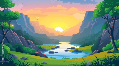 Nature scene with river  trees and rocks at sunset. Landscape illustration of valley at night with green grass and mountains.