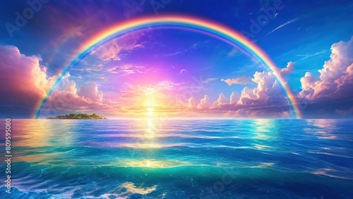 Colorful rainbow and beautiful sky sunset. Ocean reflection. Web banner design © franxxlin_studio