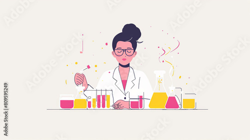 A female scientist with glasses, in the laboratory experiments illustration 2d style