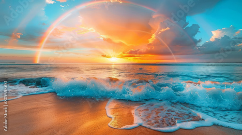 Mesmerizing sunset paints the ocean turquoise as a double rainbow arches across the sky.