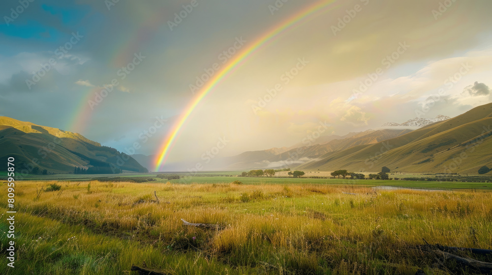 New Zealand's stunning Canterbury region boasts a breathtaking rainbow arching over the picturesque Tasman Valley. New Zealand's stunning Canterbury region boasts a breathtaking rainbow arching over the picturesque Tasman Valley.
