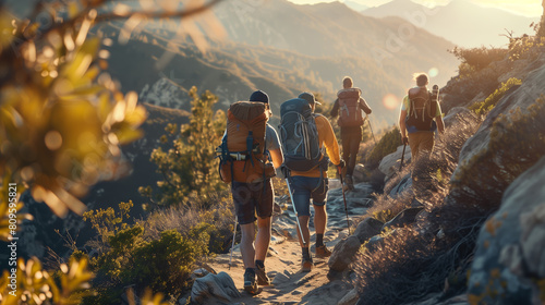 Group of sporty people with backpacks walking in beautiful mountains with sunset on background