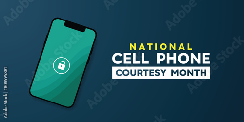 National Cell Phone Courtesy Month. Smart phone and padlock. Great for cards, banners, posters, social media and more. blue background.