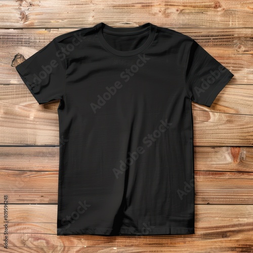 T- shirt mockup on wooden background, Mock up for design and print, Front Black T-shirt Mockup	