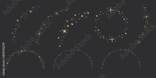 Gold star arch celestial, blink star mystic ornament, shiny minimal decoration on dark background. Shiny elements, starry and dots silhouettes. Comets stars and abstract constellations.