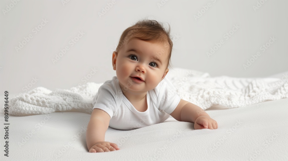 Portrait of adorable smiling newborn baby child relaxing in bed white interior background Portrait of adorable smiling newborn baby child relaxing in bed white interior background