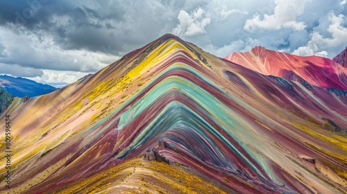 Peru's Rainbow Mountain, Vinicunca, is a breathtaking geological wonder known for its vibrant, colorful slopes. This natural marvel offers a breathtaking sight, attracting visitors from far and wide. photo