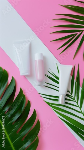 White cream tube mockup of a cosmetic facecare product on light pink background and palm leaf photo