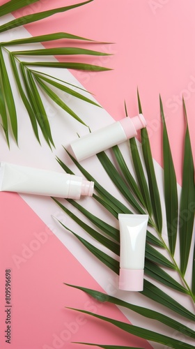 White cream tube mockup of a cosmetic facecare product on light pink background and palm leaf photo