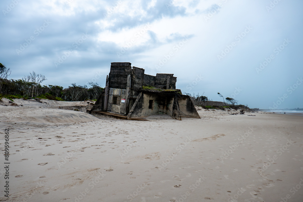 Fort Bribie on Bribie Island, Queensland Australia. Ruins of the fortification buildings from wwii on the beach.