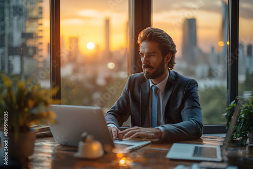 Business man, using a notebook computer in the office, Soft blur building in sunset background