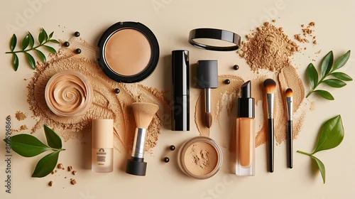 Obraz Flat lay set of professional decorative cosmetics, makeup tools and accessory on beige background