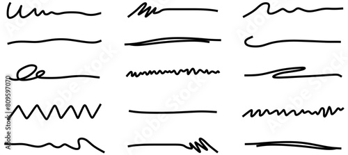 Pen underline line stroke, marker scribble. Hand drawn mark, brush drawn curve, doodle sketch vector. Pen text underline, handwritten doodle elements, lettering emphasis. Vector illustration