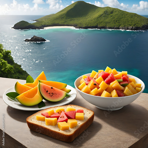 A simple tropical fruit salad, delicious-looking snack bread, fruit drink, guava, papaya, mango, dramatic peaceful sea, hyperrealistic, photorealistic, ai, generative, 생성형, 열대과일