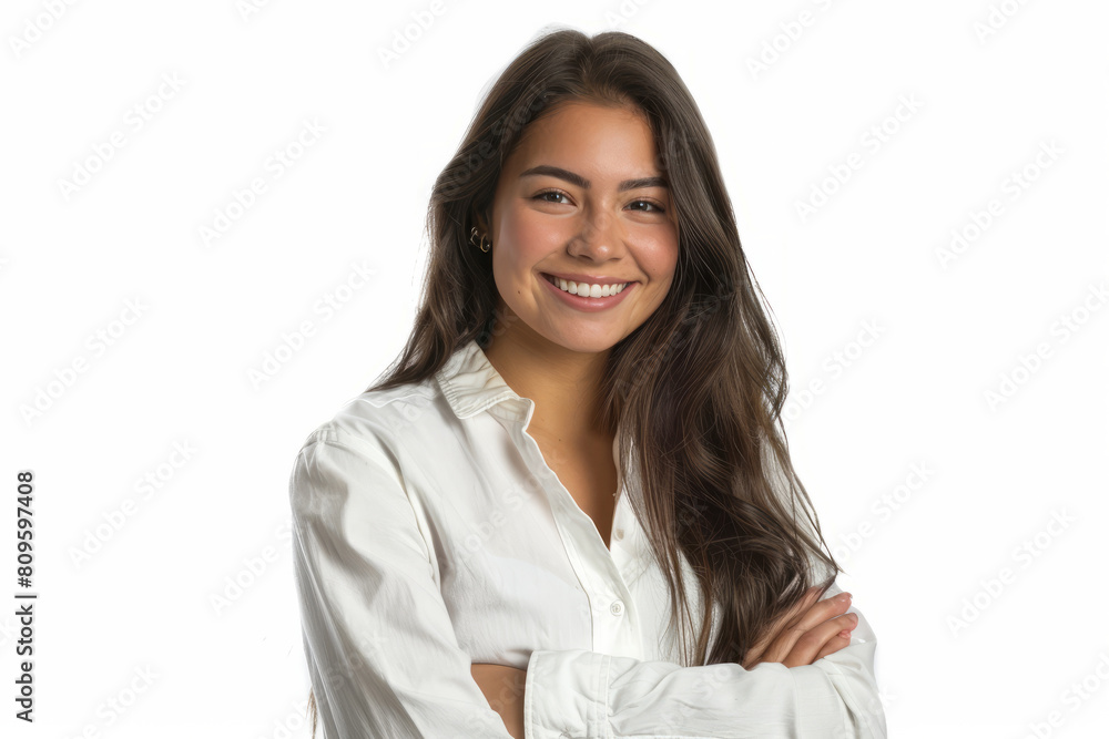 Cheerful brunette woman in white shirt smiling with confidence Cheerful brunette woman in white shirt smiling with confidence
