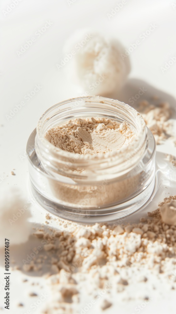 Close up of cosmetic make up beige face powder jar on white background Close up of cosmetic make up beige face powder jar on white background