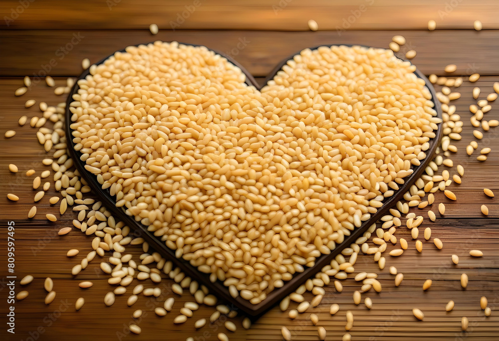 A heart-shaped pile of sesame seeds on a wooden background A heart-shaped pile of sesame seeds on a wooden background