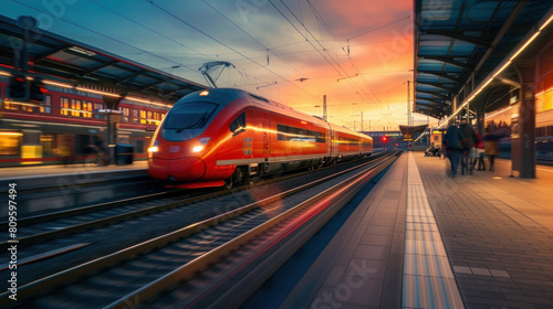Wallpaper Mural Red high-speed train whizzes past a station at sunset. The train blurs the background as it speeds along the tracks in Germany. It's a busy hub for both commercial and passenger travel. Torontodigital.ca