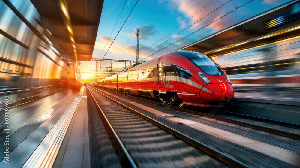 Red high-speed train whizzes past a station at sunset. The train blurs the background as it speeds along the tracks in Germany. It's a busy hub for both commercial and passenger travel. Red high-speed train whizzes past a station at sunset. The train blurs the background as it speeds along the tracks in Germany. It's a busy hub for both commercial and passenger travel.