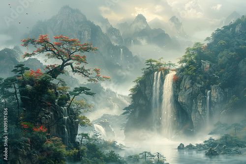 Traditional Chinese landscape painting of serene mountains and waterfalls