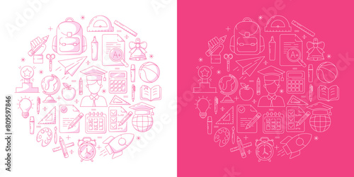 School and education, round composition, line vector icon set, editable stroke. Back to school design with symbols of knowledge, learning, study, task list, stationery, backpack. For web, social media