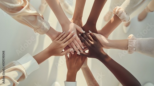 Diverse Group of Hands Coming Together in Unity. Teamwork Concept. Multicultural Cooperation Visual. Inclusive Collaboration Metaphor. AI photo